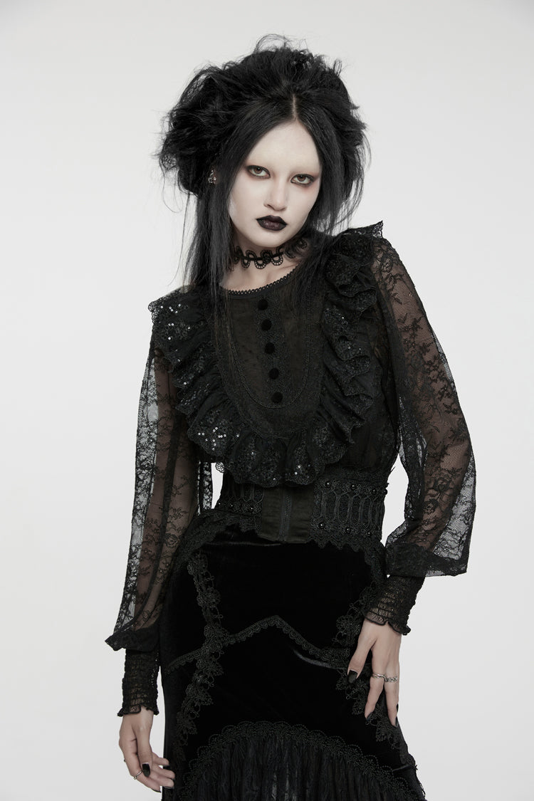 Noir Crewneck Lantern-Sleeve Ruffle Lace Gothic Blouse for Women
