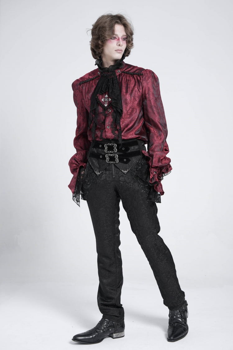 Crimson Puff Sleeve Men's Gothic Shirt with Lace Tie