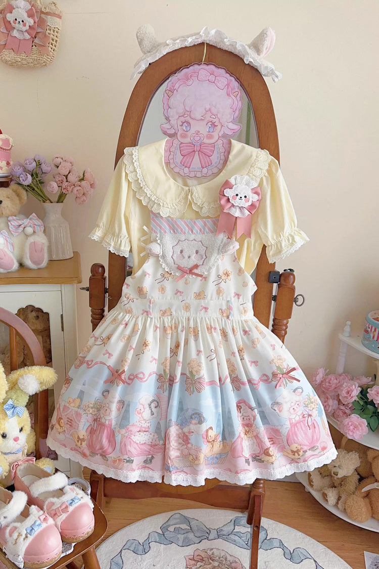 Blue/Pink Sheep Waltz Printed Ruffled Bow Lace Sweet Lolita Strap Dress - Miss Brown