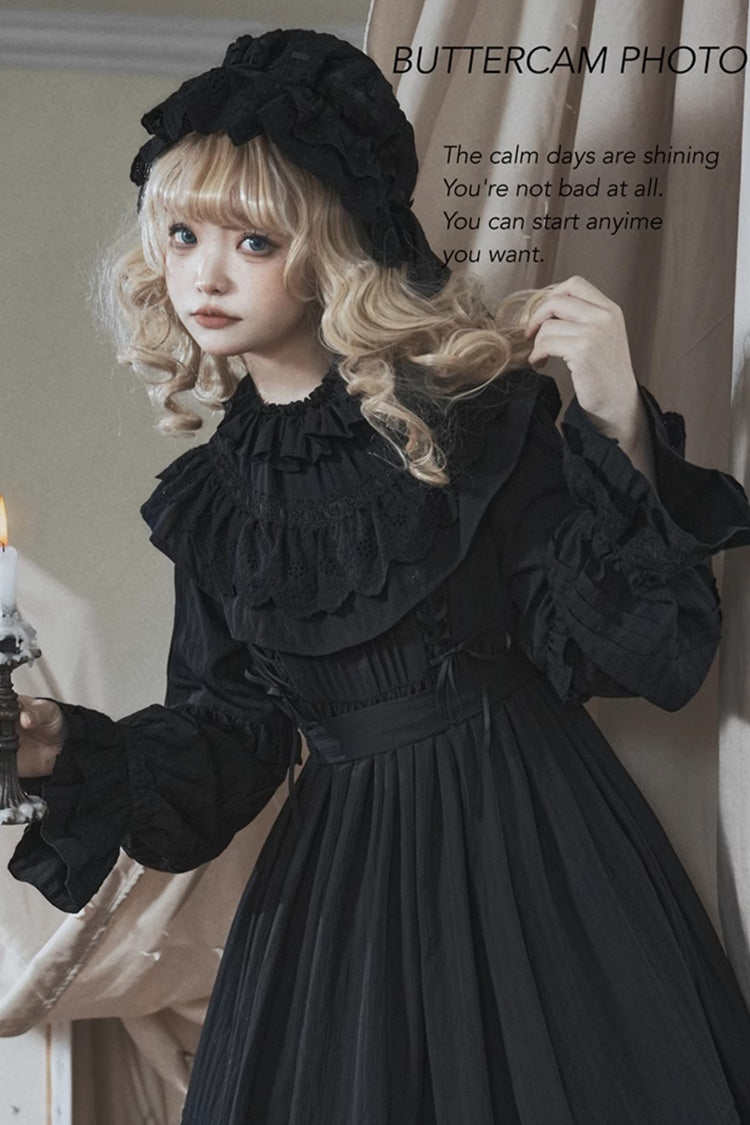 Good Night Black Long Sleeves Double-Layered Ruffle Bowknot Lace-Up Gothic Dress