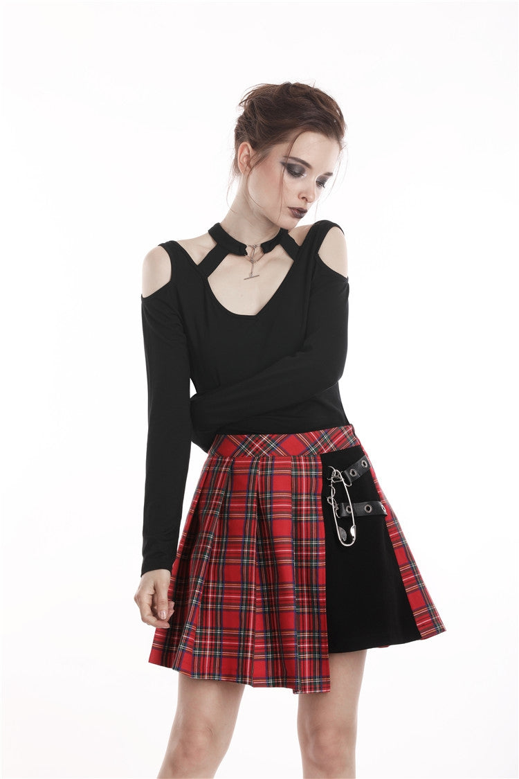 Crimson Plaid Pleated Punk Hem Skirt