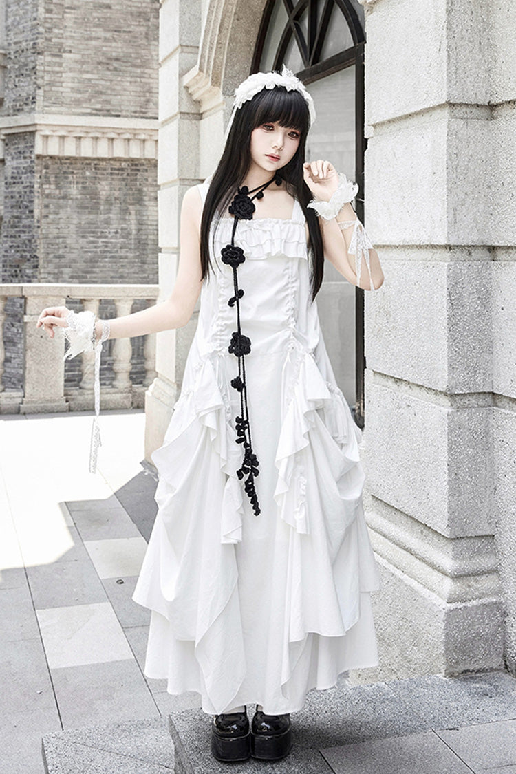 Ivory Gothic Strap Dress with Sleeveless Ruffles - Dream