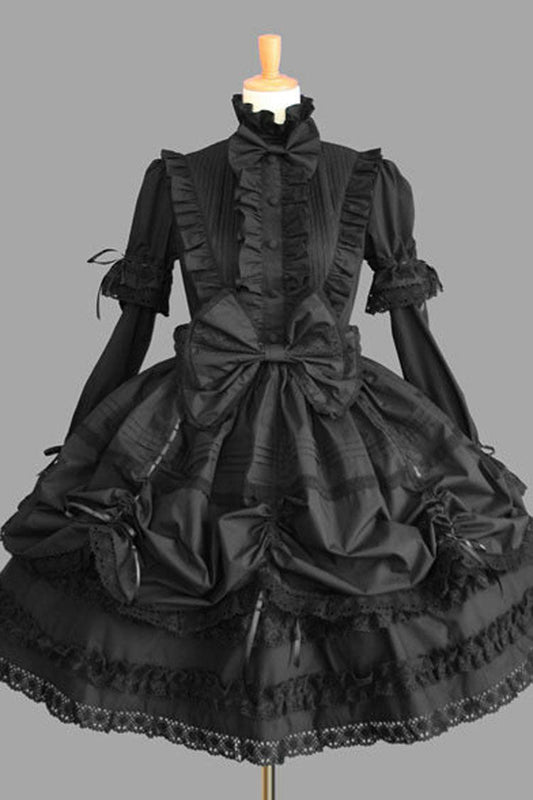 Black Cotton Gothic Lolita Dress Stand Collar Long Sleeves Ruffled - Altfashion Shop