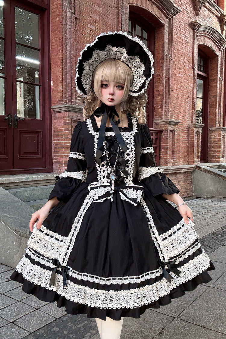 Black Trumpet Sleeve Gothic Dress with Lace and Bow