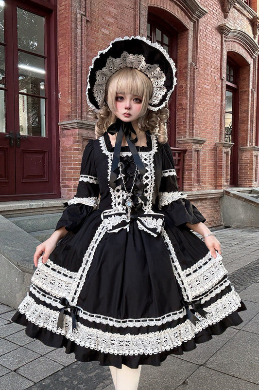 Black Trumpet Sleeve Gothic Dress with Lace and Bow
