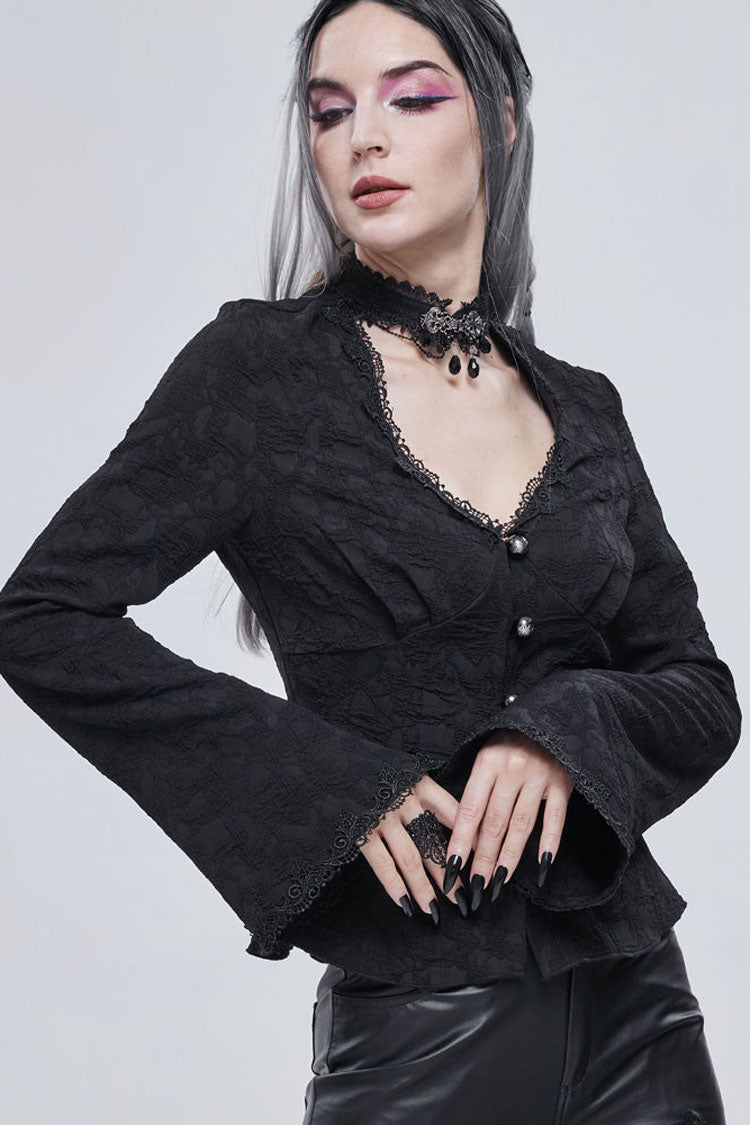 Gothic Shirt with V-Neck, Metal Buttons, Lace Jacquard, Frenulum Sleeves