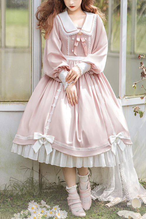 Pink High-Waisted Ruffled OP Dress with Bowknot and Long Sleeves