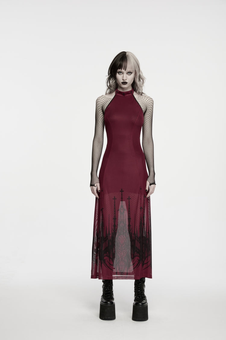 Red Halterneck Sleeveless Double-Layer Church Skull Printed Lace-Up Slim Gothic Dress