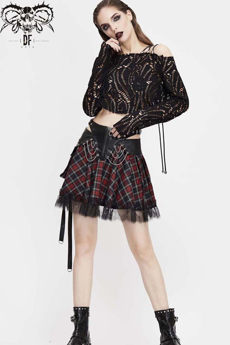 Jet-Black Punk Shirt with Lace-Up Straps and Cutout Collar for Women