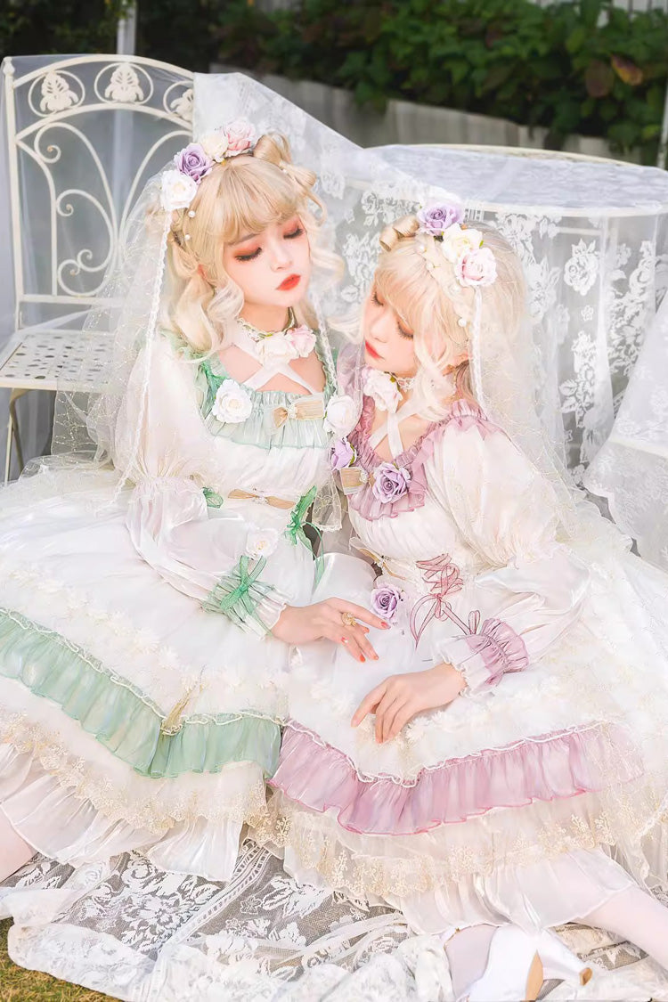 Long Sleeve Multi-Layer Ruffle Bow Lace Lace-Up Sweet Princess Lolita Dress - Green