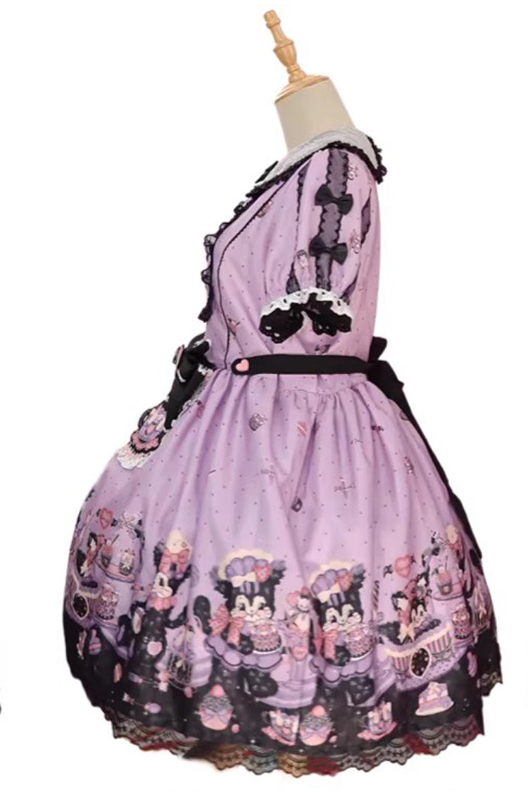 Devil Cat Violet Print Ruffle Bowknot Lace Gothic OP Dress Plus Size - Devil Cat
