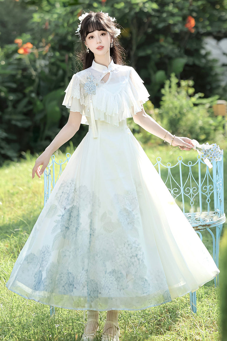 Ivory Print Ruffle Lace Chinese Elegant Dress