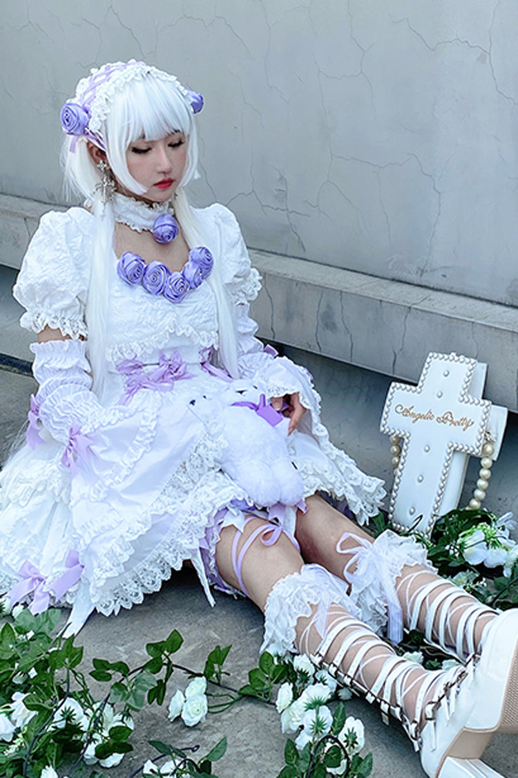 Ivory and Purple Puffed Short Sleeve Princess Gothic Lolita Tiered Dress