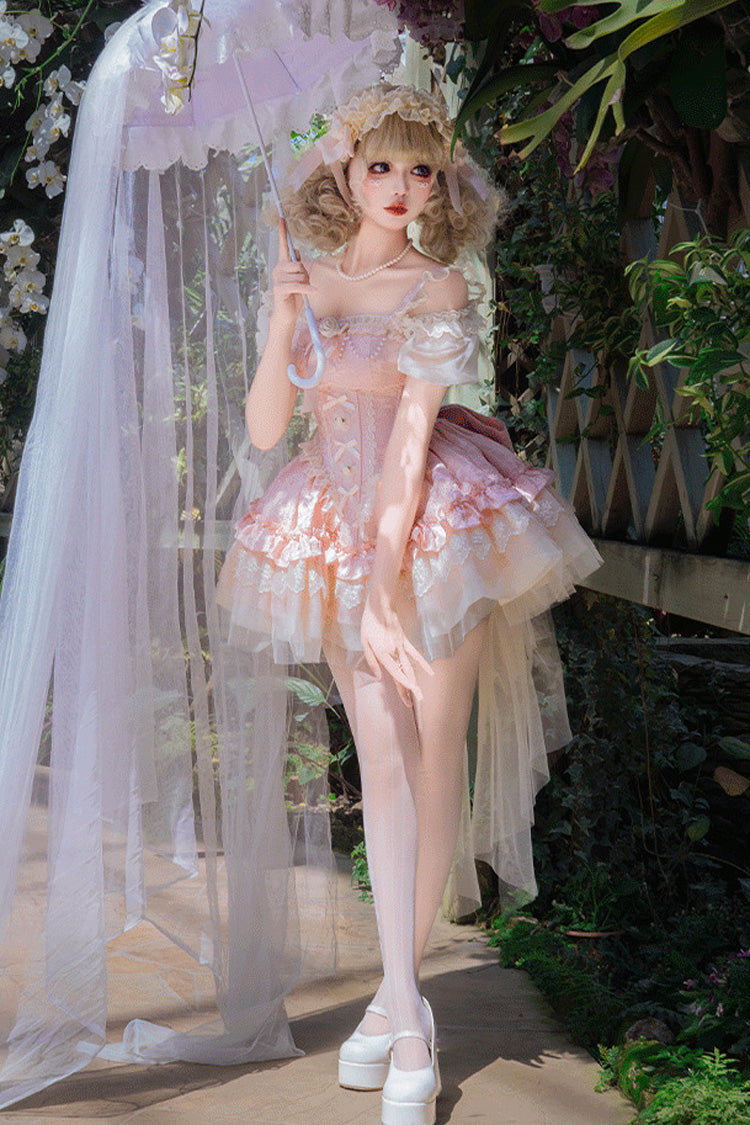 Blush Sleeveless Multi-Layer Ruffle Bow Lace-Up Sweet Princess JSK Dress