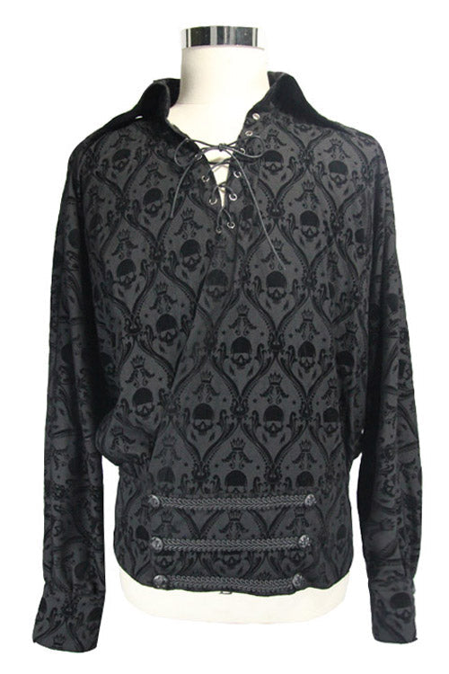 Skull Graphic Gothic Blouse for Men with Lace-Up Neckline