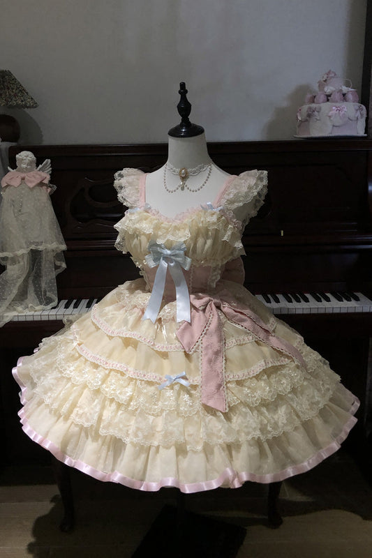 Yellow Cream Puff Mille-Feuille Sleeveless Multi-Tiered Bow Lace Sweet Lolita Jumper Dress