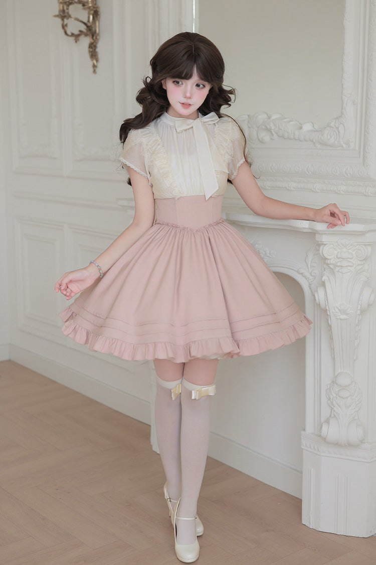 Blush & White Round Collar Short-Sleeve Ruffled Bow Lace Color-Blocked Boned Sweet Lolita Dress