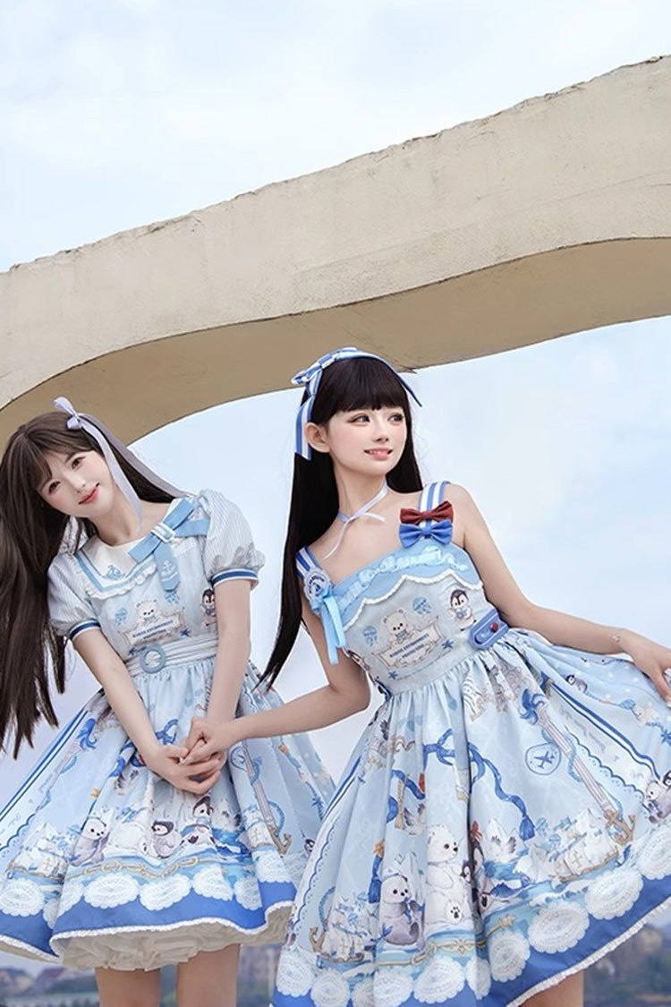 Penguin Navy Short Sleeve Print Ruffle Bow Princess Lolita Dress in Blue