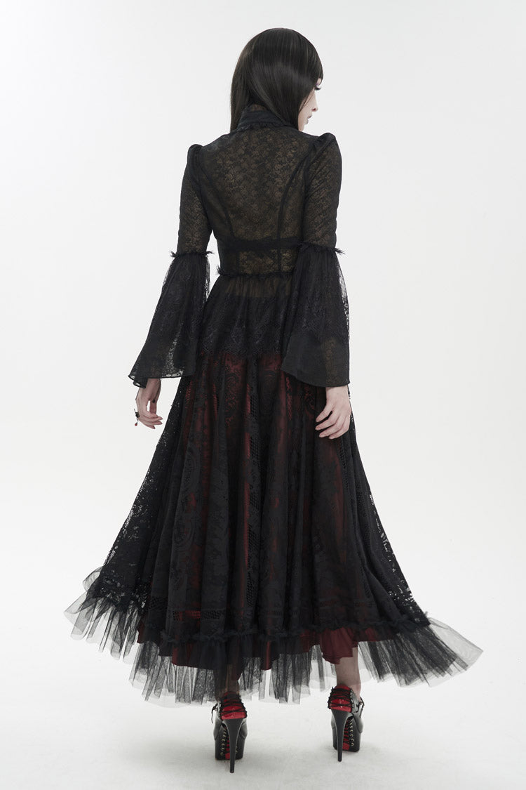 Gothic Round-Neck Flared-Sleeve Black Lace Women's Elegant Blouse