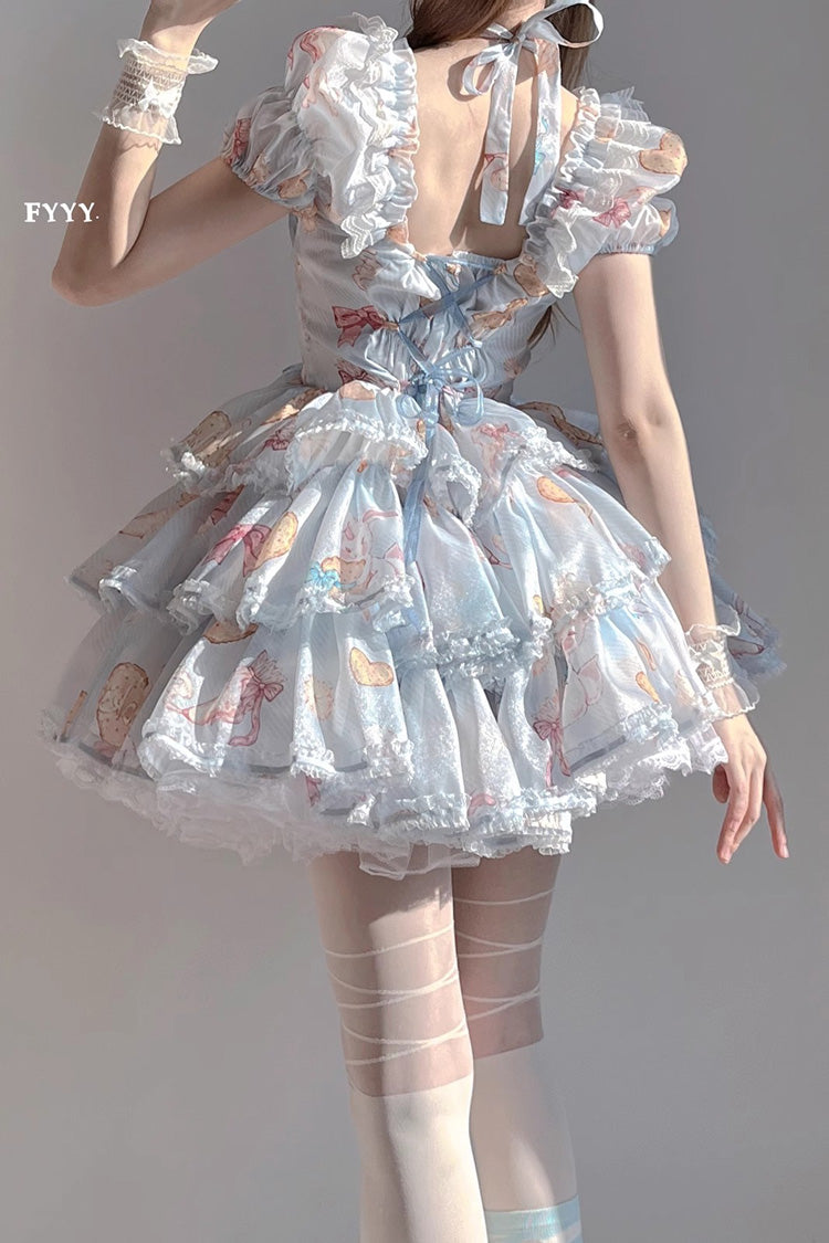 Azure Cookie-Bunny Print Sweet Dress with Multi-Layer Ruffles