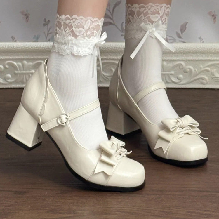 Ribbon Square-Toe Preppy Girly Lolita Heels - 3 Colors