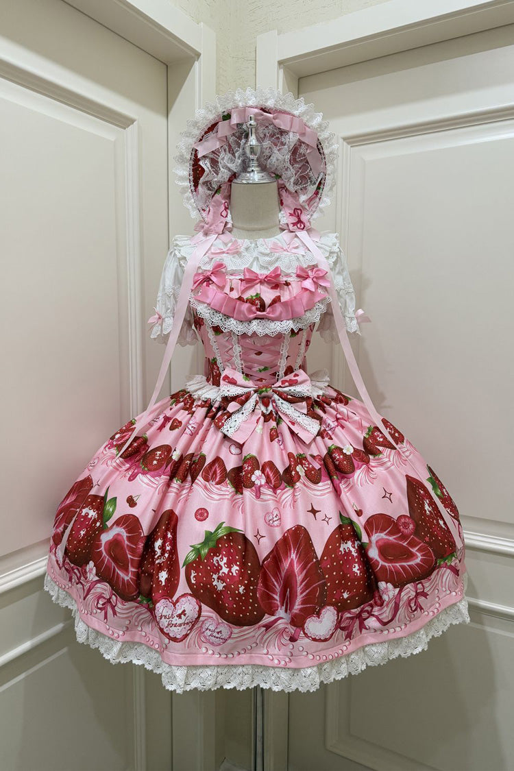 Strawberry Print Ruffled Bow Lace Sweet Lolita JSK