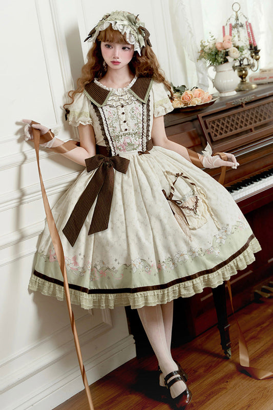 Green Ivory Lily Short Sleeve Print Ruffle Embroidery Bow Lace Sweet Dress