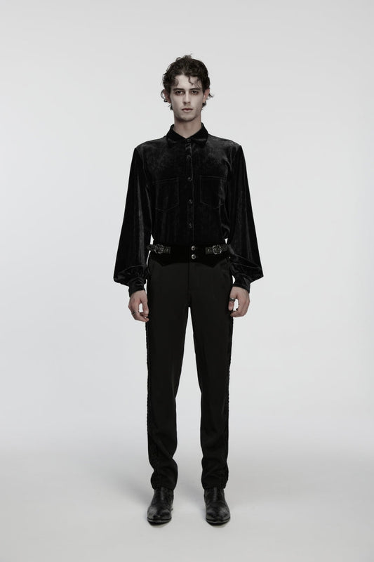 Men's Gothic Pants with Buckled Embroidered Lace Detail, Black