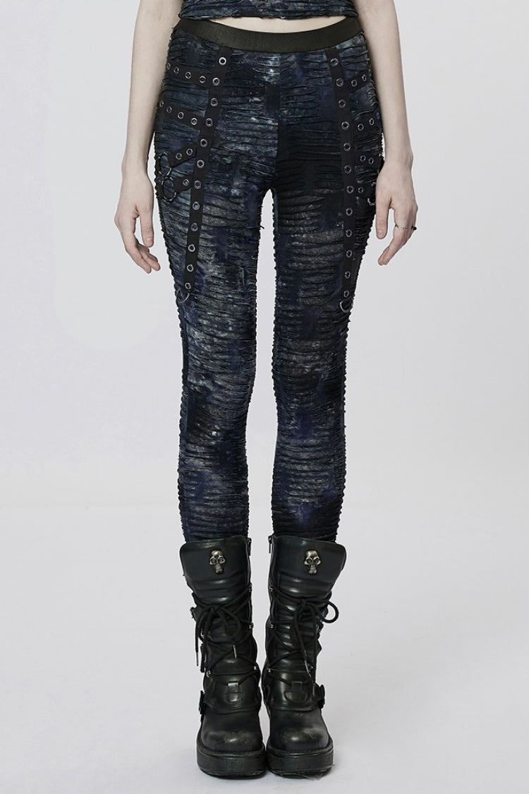 Slim Ripped Tie-Dyed Metal Loop Steampunk Leggings, Two Shades