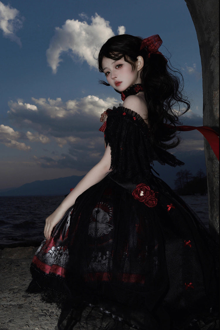 Red Printed Embroidered Gothic Lolita Skirt Dress