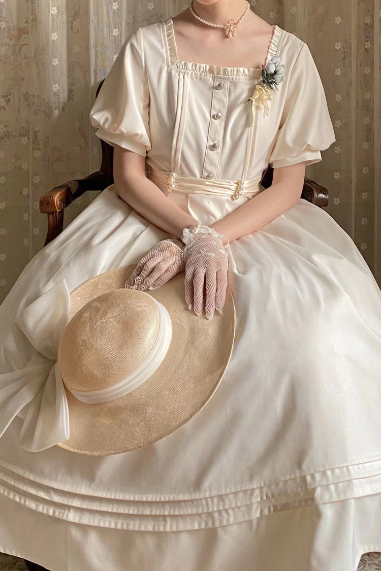 Apricot Classic Vintage Lolita Dress with Square Collar Short Sleeves and Ruffle Trim
