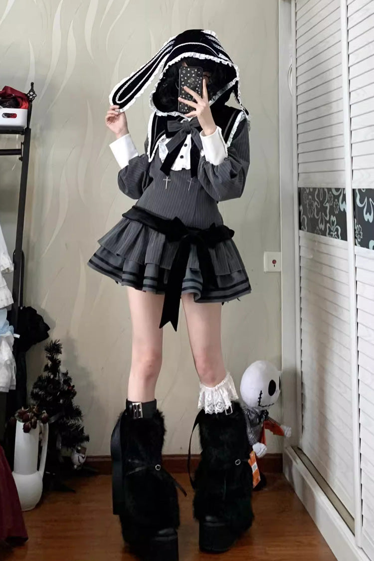 Navy Collar Long-Sleeved Printed Ruffled Bow Gothic Lolita Dress