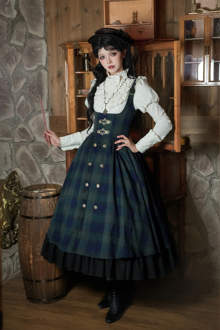 Blue Green Berlin Letter Double-Layered Plaid Print Ruffle Bowknot Classic College Style Lolita Strap Dress Set