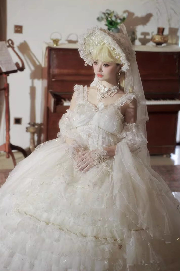 Ivory Chiffon Gown with Layered Ruffles and Bow Accents - Dreamy Waltz