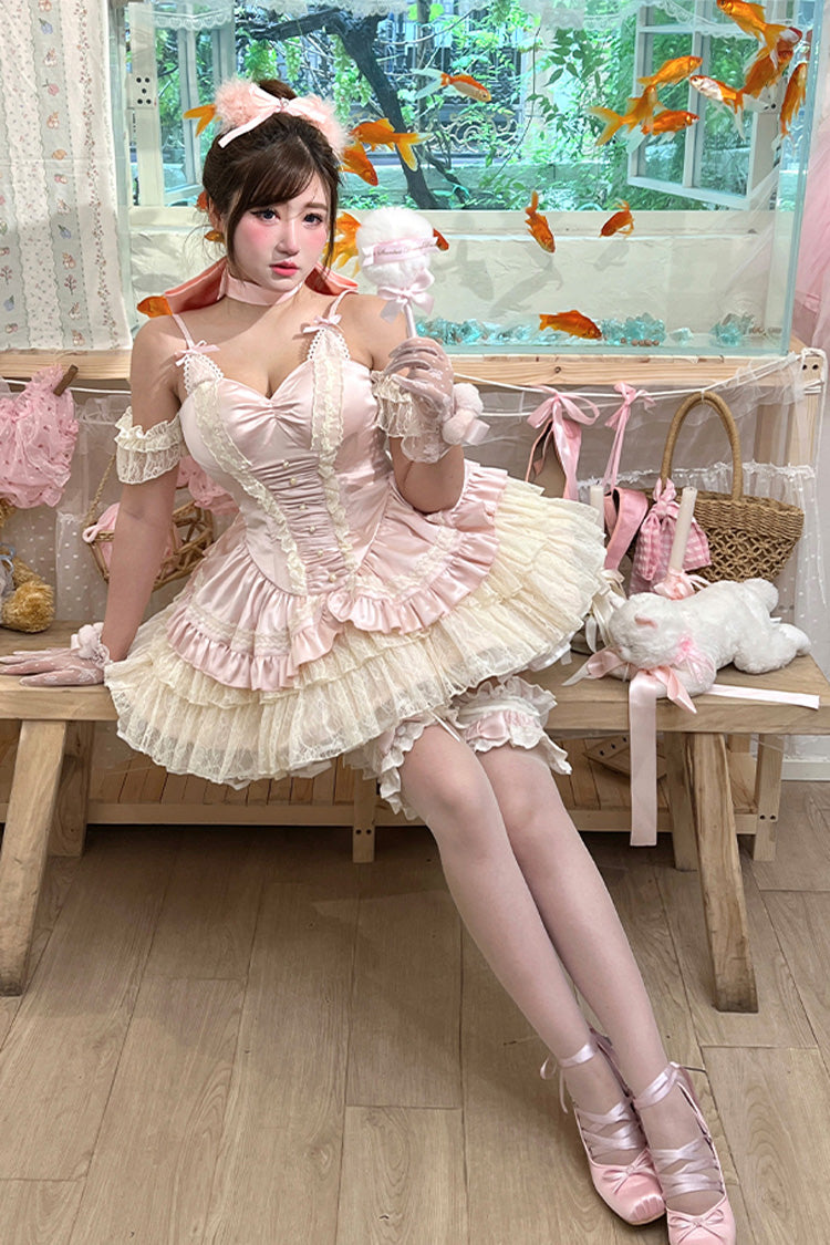 Pink Ballet Cat Multi-Layered Ruffled Lace Sweet Princess Dress