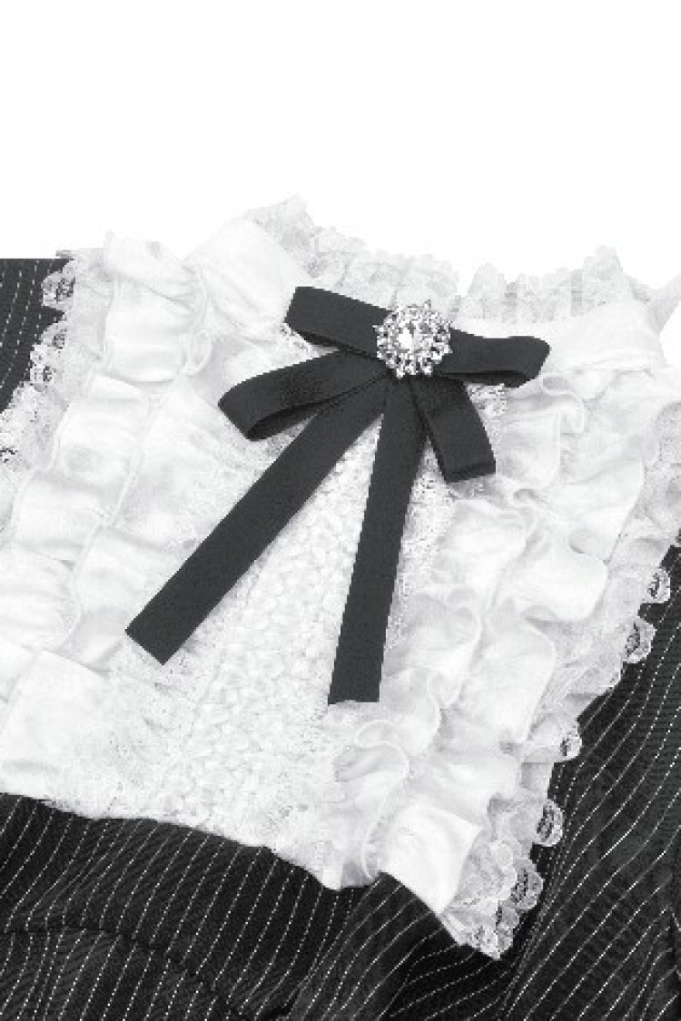 Black/White Striped Lace-Up Gothic Dress with Bow