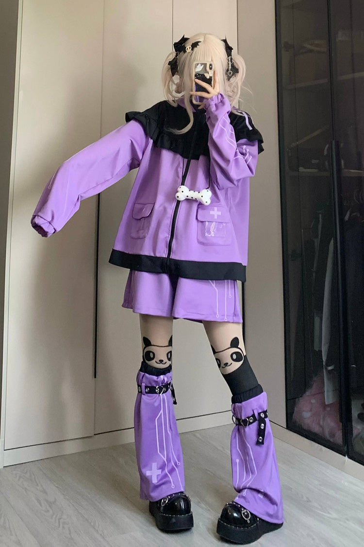 Orchid Cat-Ear Hooded Jirai Kei Shorts Jacket Set