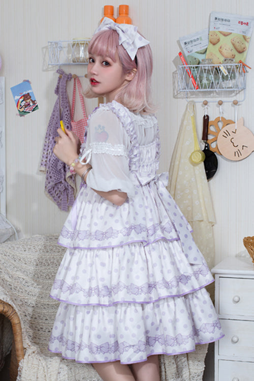 High Waist Polka Dot JSK Dress with Multi-Layer Ruffles