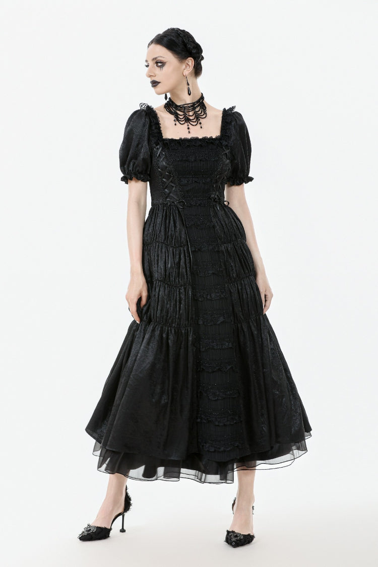 Square Collar Short Puff Sleeve Lace-Up Ruched Gothic Wedding Dress for Women Lace