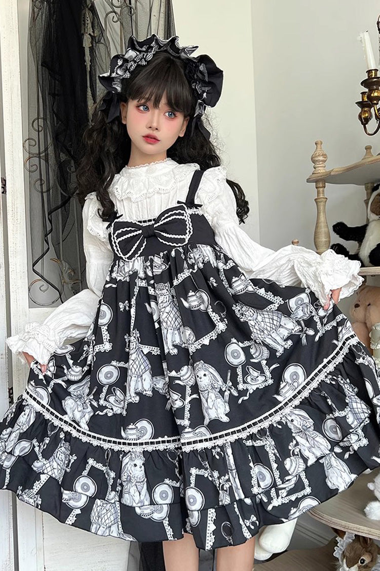Black Wolf Detective Printed Ruffled Bow Sweet Lolita Jumper Dress