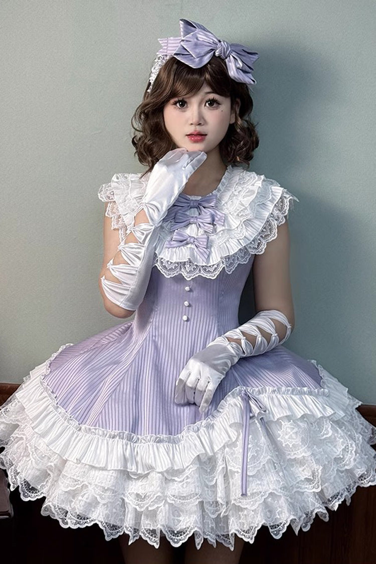 Violet Miss Tsundere Sleeveless Asymmetric Ruffled Bow Lace Princess Dress