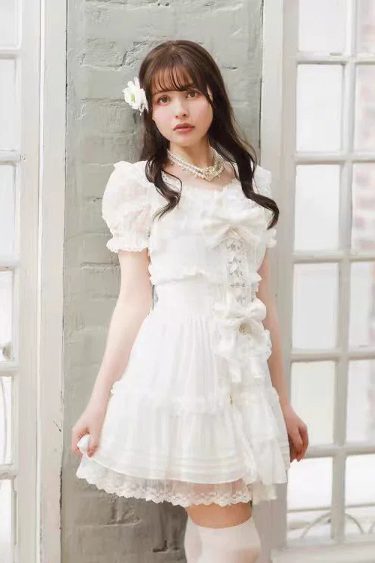 Ruffled Lace-Up Bow Print Long Sleeve Jirai Dress Set with Triple Layers