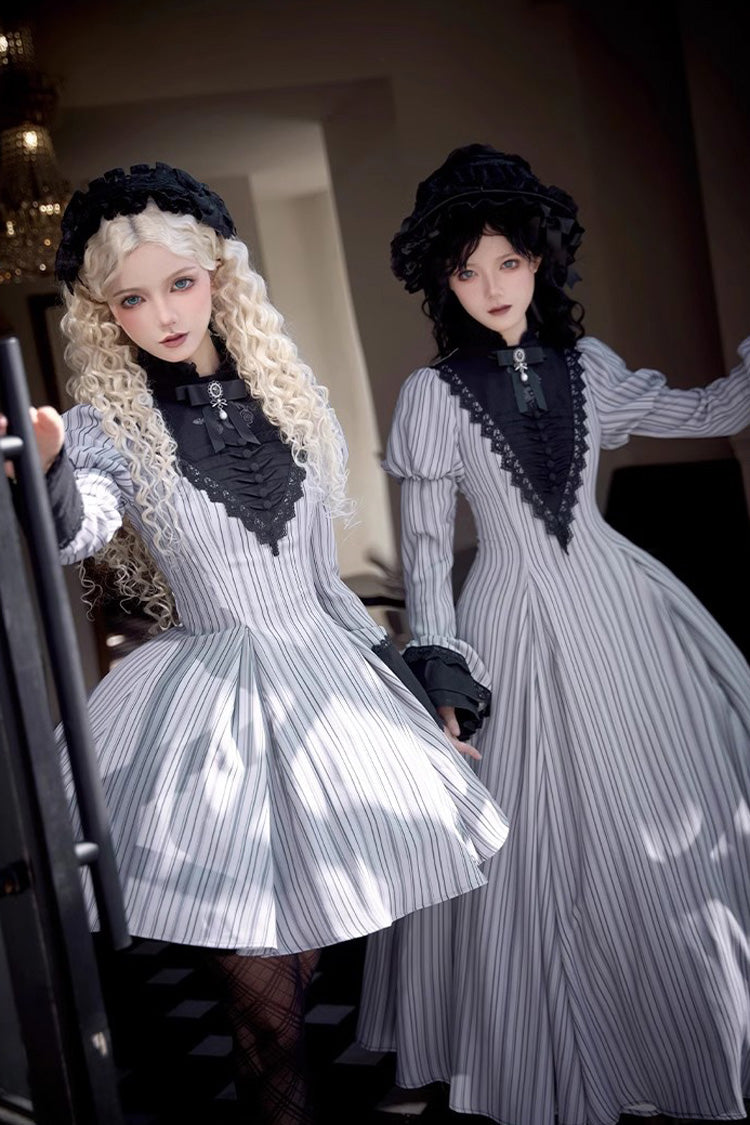 Grey Vertical-Stripe Bow Lace Gothic Gown