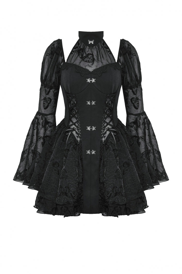Majestic Black Multi-Layered Lace Trumpet Puff Sleeve Halter Gothic Lolita Graduation Gown