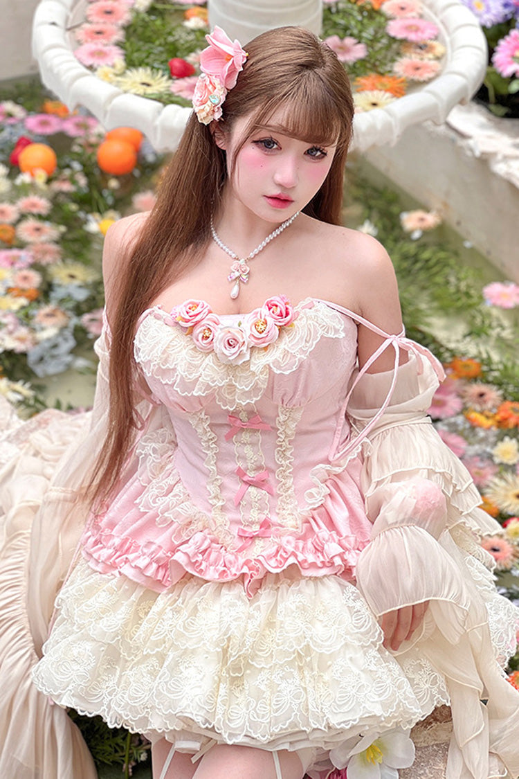 Pink Multi-Layered Ruffled Embroidered Bow Lace Sweet Lolita JSK Dress
