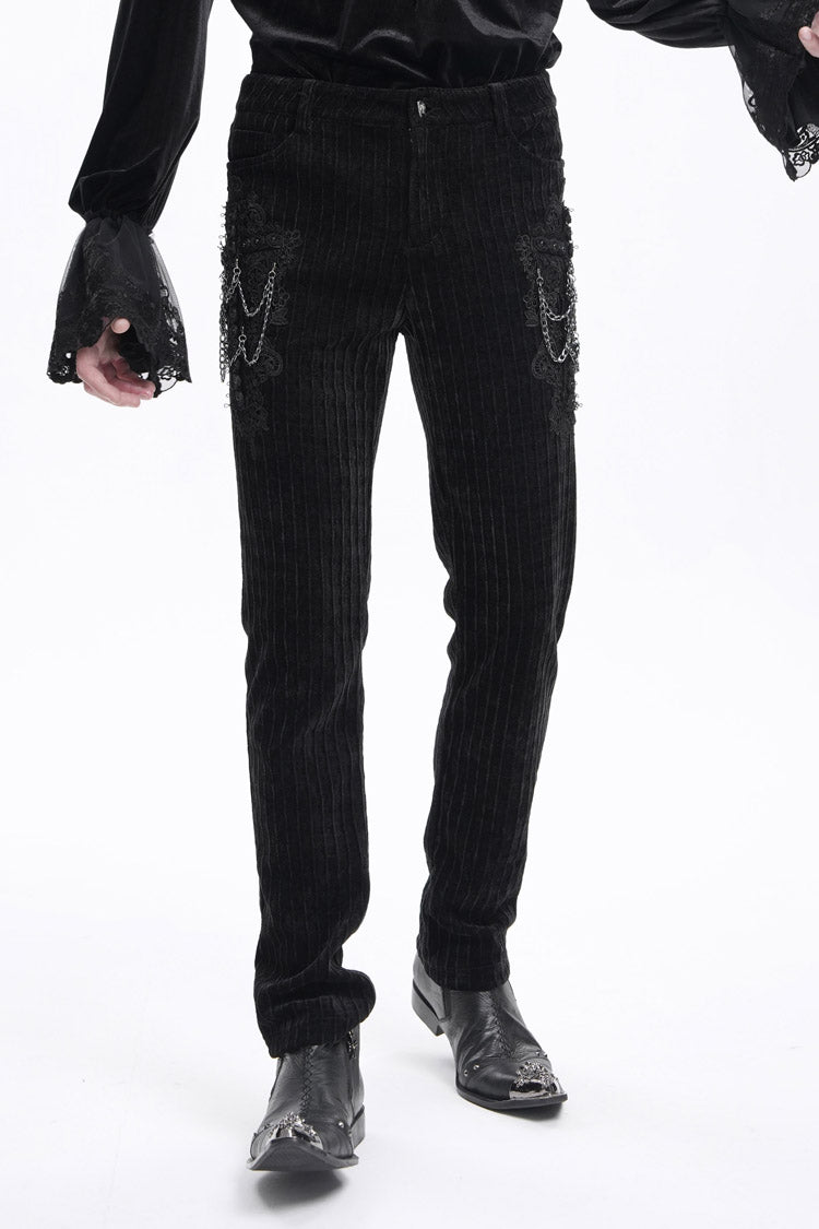 Men's Gothic Pants with Crochet Print and Chain Accent