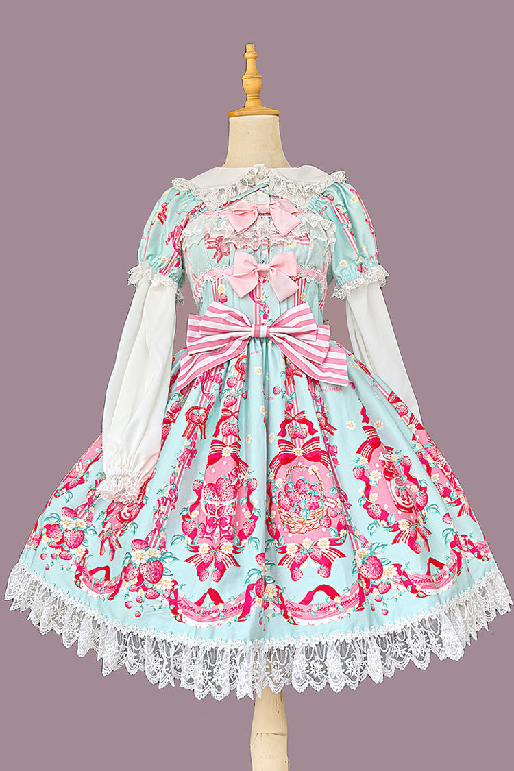 Printed Bowknot Lace Sweet Dress with Short Sleeves - Strawberry Chef