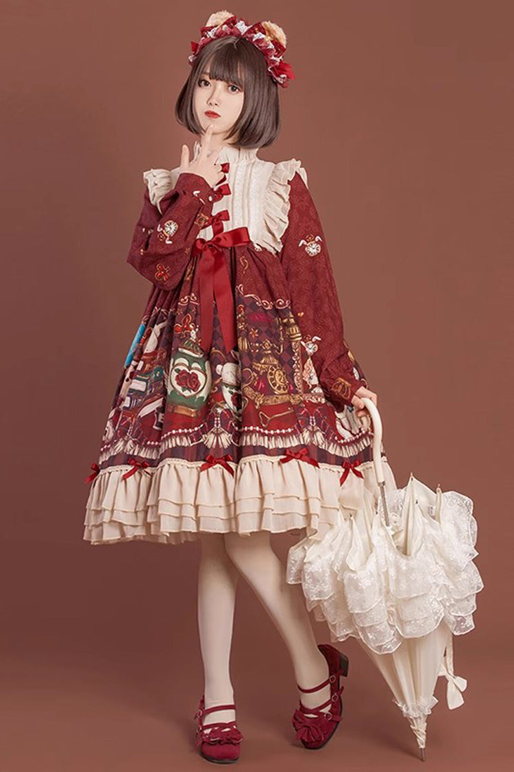 Multi-Layered Sweet Lolita Dress with Bowknot and Print - Rabbit and Bear Feast, 2 Shades