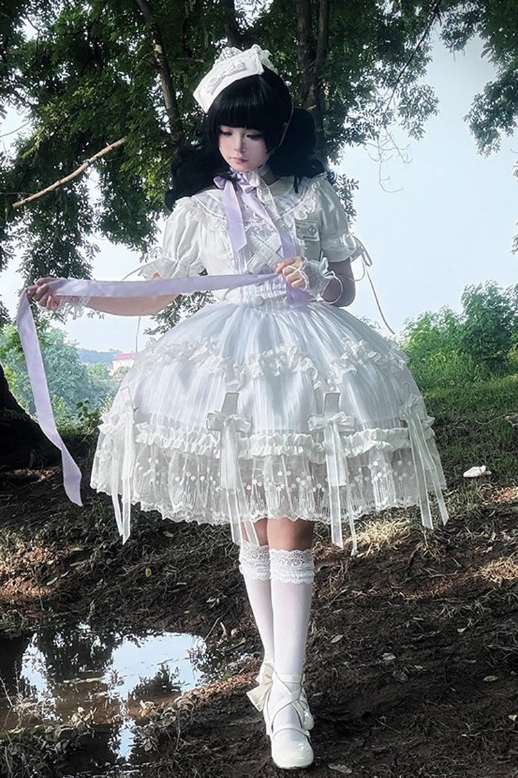 White Short-Sleeved Ruffled Bow Lace Gothic Elegant Lolita Dress