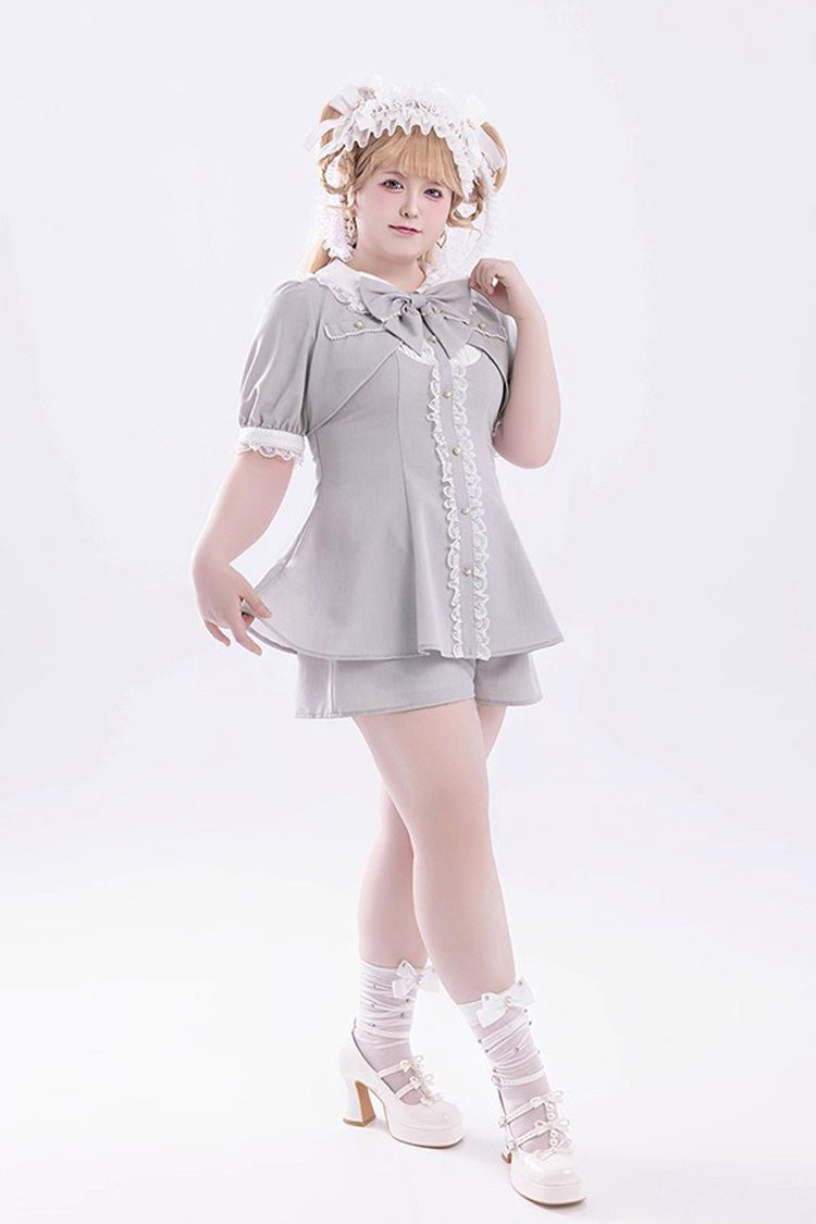 Grey Short Sleeves Ruffle Bowknot Fake Two Pieces Jirai Kei Japanese Dress Shorts